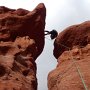 The crux of the climb is transitioning for a stemming position onto the higher lobe. Luckily this part is protected by two pins.